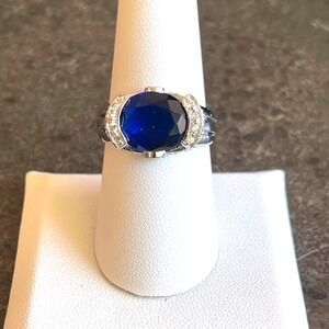 Sterling Silver 925 Blue Sapphire-Color Cocktail Statement Ring, Size‎ 8